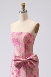 Vestito da Cerimonia lungo da ballo in Jacquard con fiocco fucsia