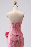 Vestito da Cerimonia lungo da ballo in Jacquard con fiocco fucsia