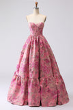 Fuchsia Jacquard A Line Corsetto Abito da Cerimonia lungo senza spalline