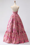 Fuchsia Jacquard A Line Corsetto Abito da Cerimonia lungo senza spalline