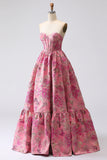 Fuchsia Jacquard A Line Corsetto Abito da Cerimonia lungo senza spalline