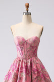 Fuchsia Jacquard A Line Corsetto Abito da Cerimonia lungo senza spalline