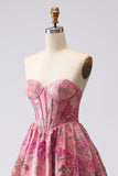 Fuchsia Jacquard A Line Corsetto Abito da Cerimonia lungo senza spalline