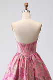 Fuchsia Jacquard A Line Corsetto Abito da Cerimonia lungo senza spalline