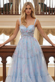 Blu floreale una linea di spaghetti cinghie lungo Prom Dress