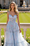 Blu floreale una linea di spaghetti cinghie lungo Prom Dress