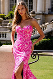 Sweetheart Fucsia Corsetto Floreale Sirena Abito da Fine Anno con Apertura Lunga