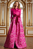 Fucsia A Line Satin Floreale Abito Lungo Madre della Sposa con Maniche