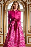 Fucsia A Line Satin Floreale Abito Lungo Madre della Sposa con Maniche