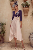 Abito midi midi Mother of the Bride con scollo a V viola e fiore 3D