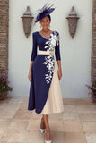 Abito midi Mother of the Bride Navy a scollo a V con appliche