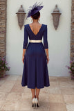 Abito midi Mother of the Bride Navy a scollo a V con appliche