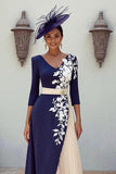 Abito midi Mother of the Bride Navy a scollo a V con appliche
