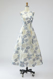 Abito Jacquard lungo floreale A Blue Dusty con tasche