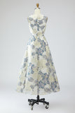 Abito Jacquard lungo floreale A Blue Dusty con tasche