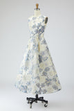Abito Jacquard lungo floreale A Blue Dusty con tasche