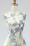 Abito Jacquard lungo floreale A Blue Dusty con tasche