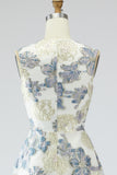 Abito Jacquard lungo floreale A Blue Dusty con tasche