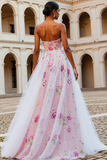 Sparkly Pink Floral senza spalline una linea di perline lungo Prom Dress