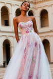 Sparkly Pink Floral senza spalline una linea di perline lungo Prom Dress