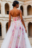 Sparkly Pink Floral senza spalline una linea di perline lungo Prom Dress