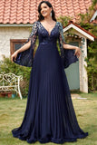 Abito madre della sposa lungo a pieghe con scollo a V in paillettes blu navy