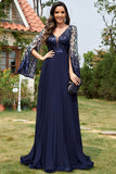 Abito madre della sposa lungo a pieghe con scollo a V in paillettes blu navy