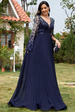 Abito madre della sposa lungo a pieghe con scollo a V in paillettes blu navy