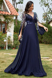 Abito madre della sposa lungo a pieghe con scollo a V in paillettes blu navy