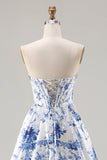 Corsetto a linea a spalline senza spalline blu con pizzo e lungo abito da Cerimonia con fessura
