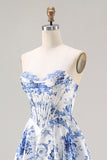 Corsetto a linea a spalline senza spalline blu con pizzo e lungo abito da Cerimonia con fessura