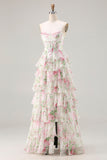 Corsetto rosa floreale a forma di corsetto a corsa a linea abito da Cerimonia lungo a livelli con fessura