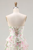 Corsetto rosa floreale a forma di corsetto a corsa a linea abito da Cerimonia lungo a livelli con fessura