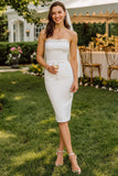 Abito da sposa Midi bodycon senza spalline in pizzo bianco con cerniera posteriore