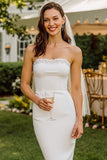 Abito da sposa Midi bodycon senza spalline in pizzo bianco con cerniera posteriore