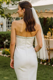 Abito da sposa Midi bodycon senza spalline in pizzo bianco con cerniera posteriore
