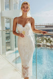Abito da sposa con spalline spaghetti in pizzo bianco a guaina