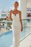 Pizzo con spalline spalle Abito da sposa bianco a guaina
