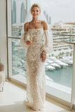 Abito da sposa lungo con spalla fredda in pizzo albicocca e maniche