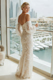 Abito da sposa lungo con spalla fredda in pizzo albicocca e maniche