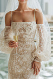 Abito da sposa lungo con spalla fredda in pizzo albicocca e maniche
