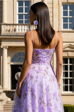 Abito da Cerimonia lungo a spalline floreali lilla con spalline spaghetti e fiori 3D