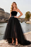 Abito da Cerimonia nero senza spalline in tulle A Line High-Low