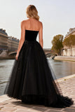 Abito da Cerimonia nero senza spalline in tulle A Line High-Low