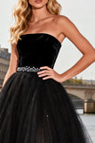 Abito da Cerimonia nero senza spalline in tulle A Line High-Low