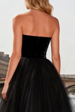 Abito da Cerimonia nero senza spalline in tulle A Line High-Low