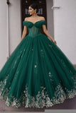 Abito da ballo verde scuro con corsetto con applique, scoperta sulle spalle e abito quinceañera