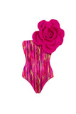 Costume da bagno 3D Fuchsia a due pezzi con vestito da spiaggia a una spalla