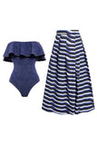 Costume da bagno a righe a due pezzi con spalle scoperte blu scoperte