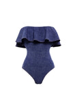 Costume da bagno a righe a due pezzi con spalle scoperte blu scoperte